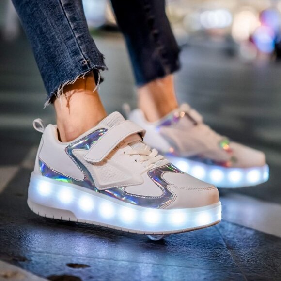 Kid's New Upgraded Wheels Shiny Dark Roller Skates Skate Beautiful White Shoes - Picture 3 of 6